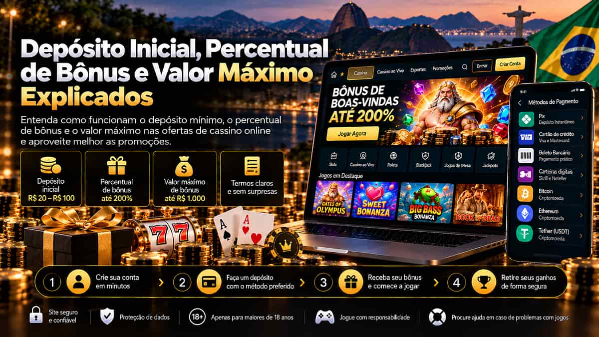 Depósito Inicial, Percentual de Bônus e Valor Máximo Explicados em banner com laptop, celular e oferta de cassino.