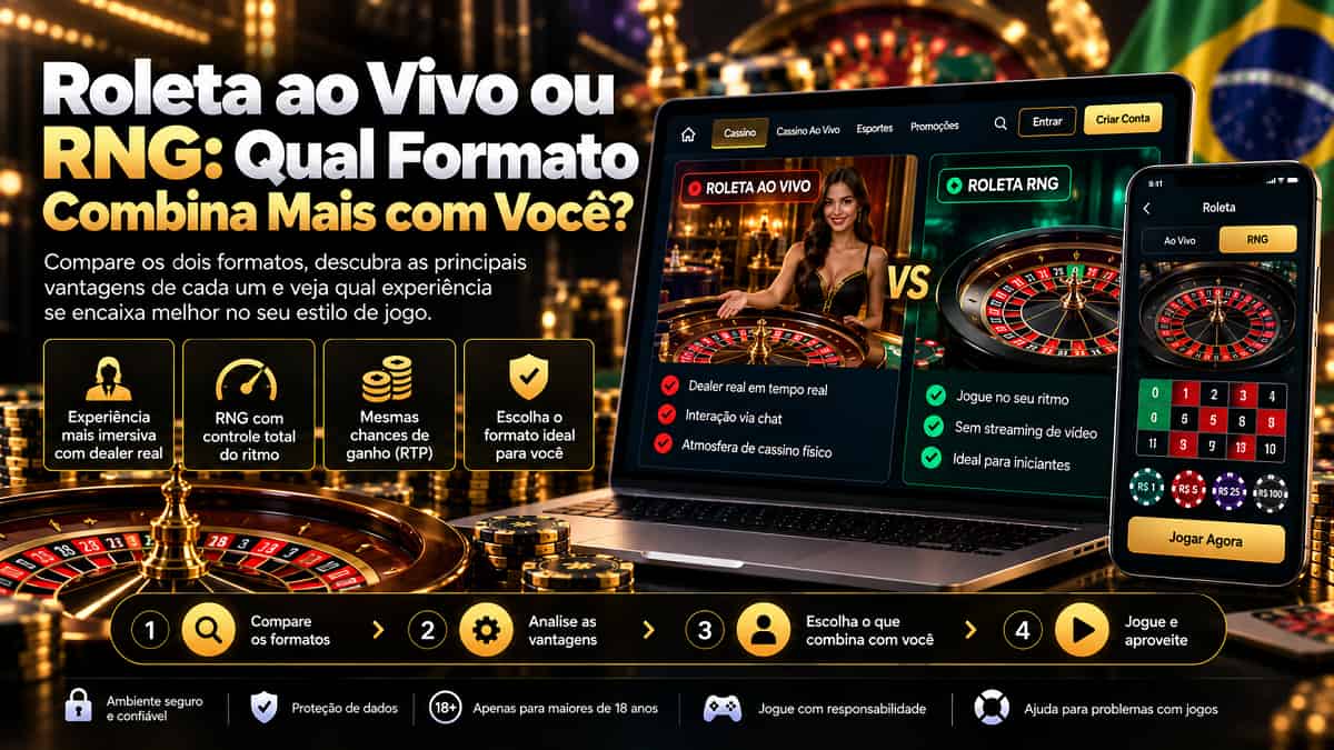 Banner de Roleta ao Vivo ou RNG: Qual Formato Combina Mais com Você? com notebook, celular e comparação entre os dois formatos.